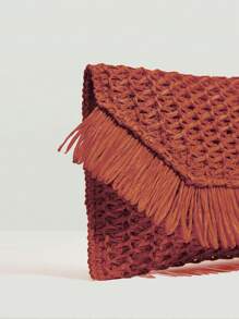 SHEIN VCAY Bolso de mano tipo embrague trenzado de paja con estilo bohemio, de parches y flecos, para vacaciones, San Valentín