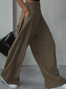 女士纯色前扣口袋休闲宽松街头裤、教师裤 - 棕色 - 查看 2