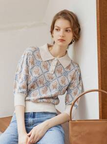 Simple Retro Wool Women's Autumn And Winter Casual Shirt Collar Collision Printed Pink Elegant Retro Pullover Sweater