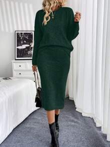 SHEIN Clasi 2 件女式纯色圆领长袖毛衣和长款针织裙休闲装，秋冬 - 墨綠色 - 查看 3