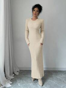 Rafferiza Solid Color Crew Neck Ribbed Long Sleeve Maxi Knit Dress - Apricot - View 3