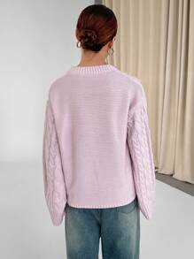 Flirla Jersey de cuello redondo de manga larga con trenzado minimalista y dulce para mujer en invierno, color rosa