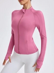 Easithlete Áo khoác thể thao thường ngày dài tay khóa kéo phía trước màu trơn cho nữ, mặc hàng ngày - Màu tím - Xem 6