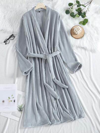 Men's Grey Striped Textured Hooded Mid-Length Double-Faced Plush Bathrobe, Comfortable Loungewear