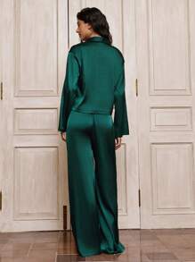 Opulessa Set da 2 pezzi: Camicia casual in colore unito, morbida e ampia, a maniche lunghe, e pantaloni a vita alta con gamba ampia per donna, outfit da vacanza - Verde - Visualizzare 2