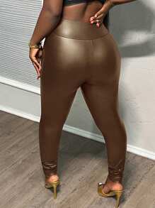 Slaydiva Quần bó da PU cạp cao thiết kế nút màu trơn cho nữ - màu nâu - Xem 2