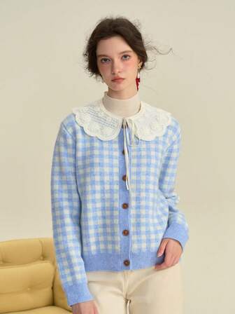 Simple Retro Women Buttoned Front Long Sleeve Top With Shell Trim, Casual Everyday Wear