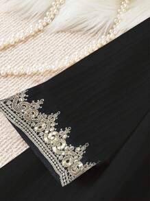 SHEIN LUNE Plus Size Casual V-Neck Dress With Gold Sequin Trim On Collar And Cuffs - Black - View 3