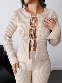 INAWLY Set de 2 piezas: Cárdigan de manga larga con lazo delantero de unicolor y pantalones largos de punto, conjunto casual para otoño/invierno - Caqui - Ver 5