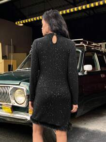 SHEIN Vestido negro elegante y casual con cuello alto de lentejuelas, dobladillo con borde de piel, silueta ajustada, adecuado para fiesta y uso diario, otoño, para niñas y adolescentes