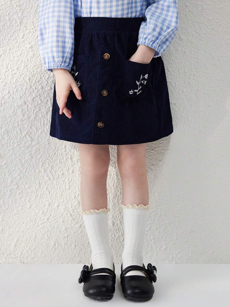 Blossori 年轻女孩法式优雅蓝色花卉刺绣编织 A 字形松紧腰中长裙，秋冬 - 藍色 - 查看 1