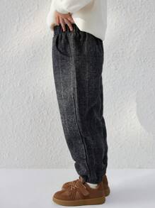 Blossori Young Boys Elegant Gray Plaid Woven Fitted Elastic Waist Pants, Autumn/Winter - Grey - View 5
