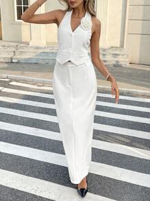 SHEIN Frenchy Women 2pcs Set Solid Color Floral Decor Halter Tank Top & Maxi Skirt, Elegant,Winter Women Sets,Thanksgiving Women Outfit,Women's Summer Elegant Solid Color Halterneck Blouse With 3D Flower Decoration 3D Rose White Tank Top For Women, Casual Hanging Neck Daily Workout Top Commute Minimalist Office Old Money Simple New Year - White - View 5