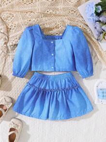 2pcs Baby Girls' Ombre Square Collar Long Sleeve Top And Elastic Waist Skirt Set