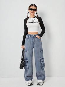 Teen Girls New Retro American Aesthetic Multi-Pocket Straight Leg Boyfriend Jeans, Vintage Washed, Suitable For Daily Wear