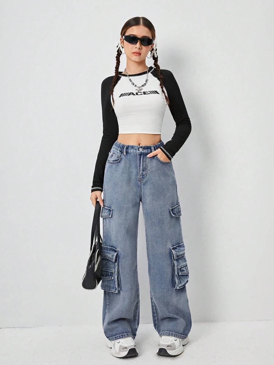 Teen Girls New Retro American Aesthetic Multi-Pocket Straight Leg Boyfriend Jeans, Vintage Washed, Suitable For Daily Wear
