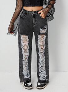 Y2K Streetwear Distressed Ripped Acid Wash Teenage Girls Denim Jeans - Grey - View 4