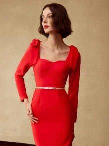 MOTF PREMIUM Vestido ceñido bustier de escote corazón con lazo en los hombros, sin cinturón - Rojo - Ver 5