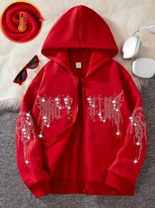 Tween Girl Zip-Up Rhinestone Punk Stijl Hoodie Sweatshirt, Voor Kerstmis