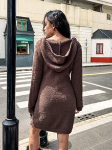 SHEIN Y2K Style Teen Girls Solid Color Hooded Thick Knit Sweater Dress, Moon Embroidery Decor, Minimalist Daily Wear, College Style