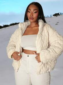 SHEIN SXY Plus Size Women Stand Collar Hooded Cable Knit Plush Patchwork Quilted Padded Coat, Suitable For Fall & Winter, Date Night, Birthday, Bachelorette Party, Casual, Shopping, Streetwear, Going Out, Easy To Match & Looks Slim, Accent Your Body, Flatter The Figure - Beige - View 1