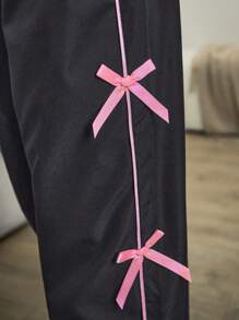 SHEIN Leap Crew Tween Girls Woven Colorblock Bow Decor Loose Casual Pants - Dark Grey - View 6