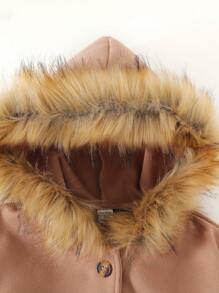 Tween Girl Fluffy Hooded Long Belted Coat - Apricot - View 7