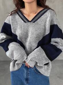 FRIFUL 女士 V 领长袖撞色套头衫，适合秋冬季