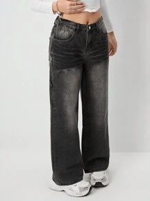 SHEIN Y2K 街头时尚宽松腰部洗水黑灰色牛仔裤，适合少女 - 黑色 - 查看 3