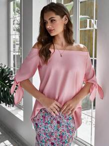 INAWLY 女士休闲露肩 3/4 袖宽松纯色衬衫，春夏季 - 粉色 - 查看 5
