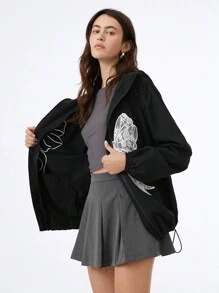 SHEIN EZwear Sequined Zip-Up Cropped Bomber Jacket - Black - View 6