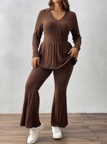 SHEIN LUNE 2pcs/Set Women Plus Size Striped Knit Drawstring Shirred Top & Relaxed Pants, Elegant Autumn/Winter Outfit