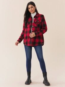 SHEIN Maternity Front Button Long Sleeve Pocket Plaid Casual Jacket - Red - View 4