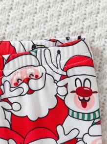 Bộ đồ ngủ dài tay bó sát in hình ông già Noel và gia đình cho bé gái và quần dài - Đỏ - Xem 8