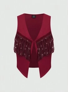 Chiquease Áo khoác vest đính đá và tua rua thời trang thu - Màu Đỏ Sâu - Xem 1