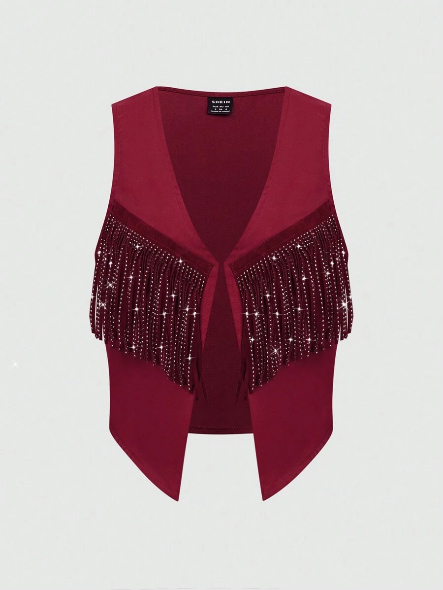 Chiquease Áo khoác vest đính đá và tua rua thời trang thu - Màu Đỏ Sâu - Xem 1