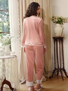 1 Set Women Velvet Lace Ruffle Trim Button Down Shirt And Pants Pajama Set - Pink - View 2