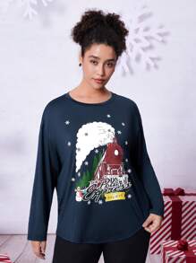 THE POLAR EXPRESS X SHEIN 大码休闲复古街头服饰字母、雪人、雪花和票证印花落肩圆领 T 恤，深蓝色，女款，秋季 - 藏蓝色 - 查看 1