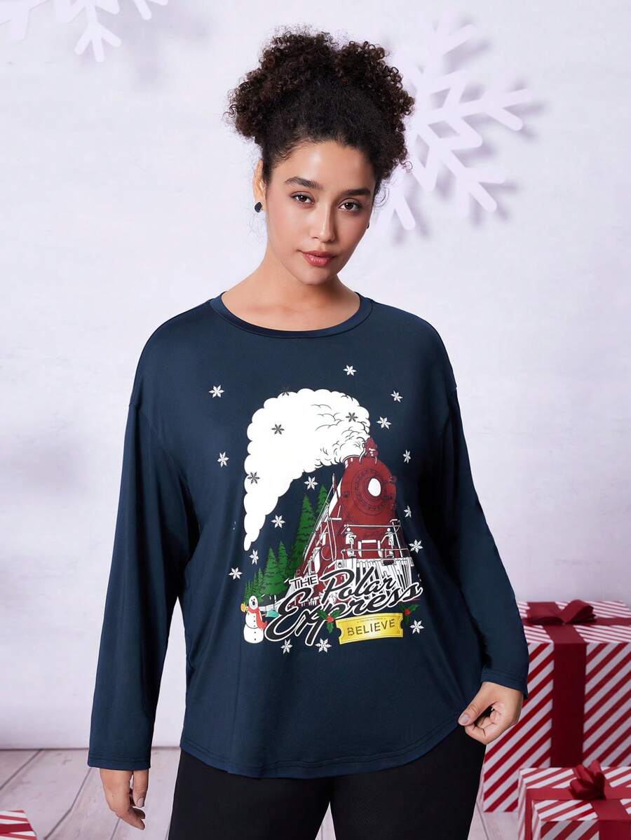 THE POLAR EXPRESS X SHEIN 大码休闲复古街头服饰字母、雪人、雪花和票证印花落肩圆领 T 恤，深蓝色，女款，秋季 - 藏蓝色 - 查看 1