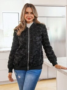 SHEIN LUNE Áo khoác bomber họa tiết hoa 3D thường ngày cho nữ - màu đen - Xem 3