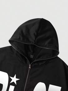 Manfinity Hypemode Áo hoodie in chữ ngôi sao mùa thu có khóa kéo phía trước cho nam - màu đen - Xem 3