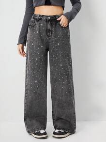 Sparklyn 少女 Y2K 别致都市街头风格闪亮钻石熨烫细节舒适松紧腰阔腿牛仔裤，女孩必备时尚单品 - 灰色 - 查看 1