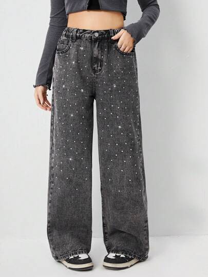 DZIEWCZYNA Y2K Szykowny miejski styl uliczny Błyszczące diamentowe detale do prasowania Wygodne dżinsy z elastyczną talią i szerokimi nogawkami, niezbędny element mody dla dziewcząt