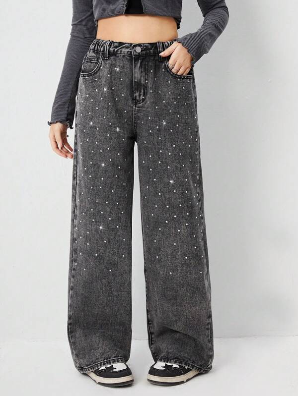 Jeans de pierna ancha con cintura elástica cómoda, detalles de diamantes de planchado, estilo urbano chic Y2K, un elemento de moda imprescindible para niñas adolescentes