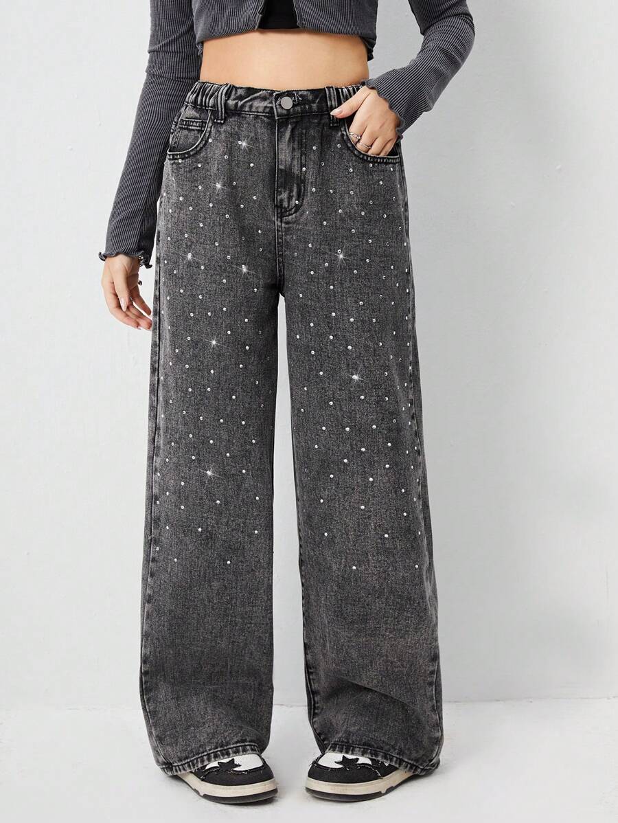 Sparklyn 少女 Y2K 别致都市街头风格闪亮钻石熨烫细节舒适松紧腰阔腿牛仔裤，女孩必备时尚单品 - 灰色 - 查看 1