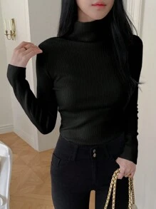 DAZY 秋季新款纯色高领修身毛衣、长袖上衣、秋季女装 - 黑色 - 查看 5