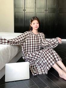 DAZY 格子面料荷叶边下摆休闲连衣裙 - 咖啡棕 - 查看 6