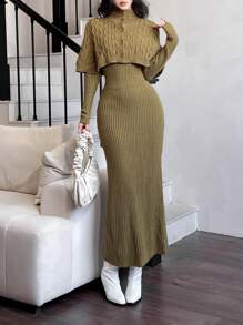 Modelyn 2 件套女士纯色前扣简约上衣和长款休闲连衣裙 2 件套 - 軍綠色 - 查看 5