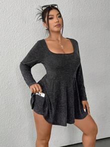 SHEIN EZwear Combi-pantalon casual à manches longues, col carré, poches, couleur unie, tailles grandes