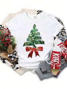Áo thun tay ngắn in hình cây thông Noel và nơ lấp lánh cho bé gái tuổi mới lớn, Quà tặng Giáng sinh - trắng - Xem 1